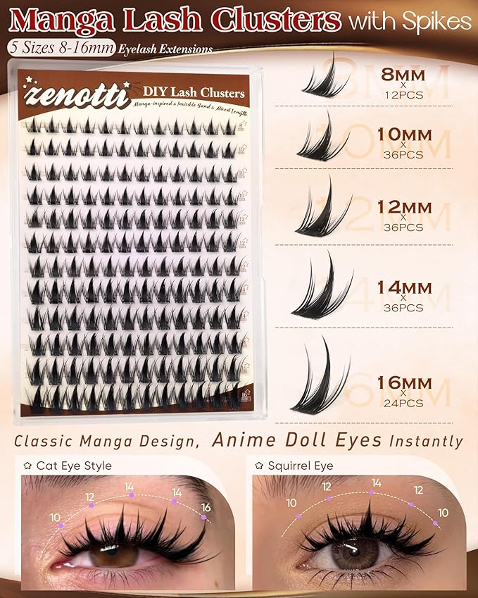 Manga Lash Clusters Natural Anime Lash Clusters with Spikes Fairy Cluster Eyelash Extensions Wispy Spiky Cosplay Individual Lashes with Invisible Band C Curly Doll Lash Extension 8-16MM by zenotti