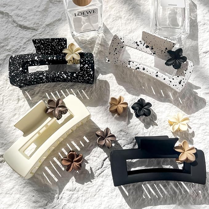 Hair Clips for Women,4PCS 4.13" Large Square Claw Clips for Thick Thin Hair Claws,8PCS 0.98" Mini Hawaiian Flower Hair Clips,Matte Cute Womens Hair Accessories for Girls (black,white)