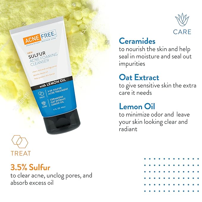Acne Free Sulfur Acne Foaming Cleanser with Lemon Oil, and Oat Extract, 5 Ounces