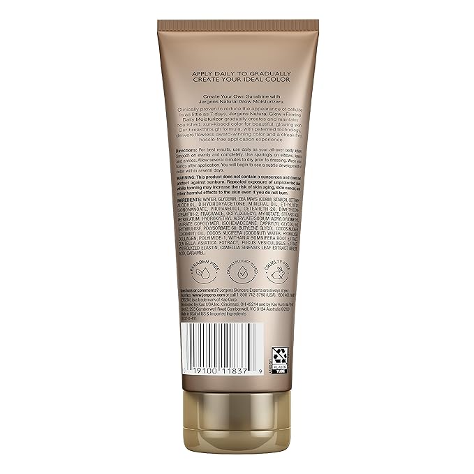 Jergens Natural Glow +FIRMING Body Lotion, Fair to Medium Skin Tone, 7.5 Ounce Sunless Tanning Daily Moisturizer with Collagen and Elastin. Helps to Visibly Reduce Cellulite