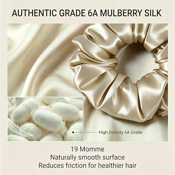 ZLYC 100% Mulberry Silk Hair Tie Scrunchie 19 Momme Gentle Creaseless Dent-Free Ponytail Holder for Women, 6cm Solid Beige
