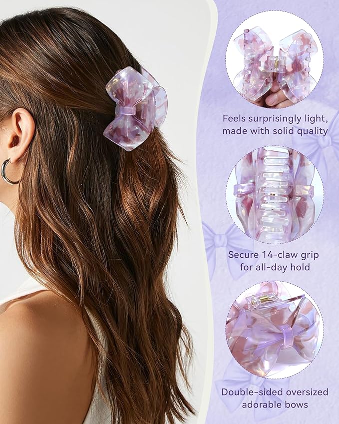 ACECHA Cute Bow Claw Clip - 3.1 Inch Sparkly Hair Claw Clips for Women, Non-slip Hairclips for Thin and Thick, Elegant Hair Accessories for Wedding Prom Party (Purple)