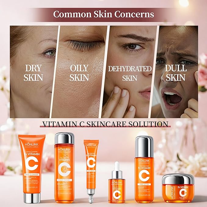 6-Piece Hydrating Skincare Set with Vitamin C & Niacinamide, Face Care Kit Includes Toner, Serum, Cleanser, Moisturizer, Eye Cream & Body Lotion | Mother’s Day Gift for Women