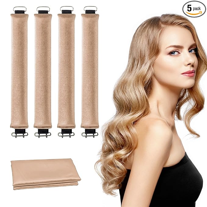 Heatless Hair Curlers, Satin Foam Rollers, Overnight Curling Rods for Long Hair, 5 Count (Khaki)