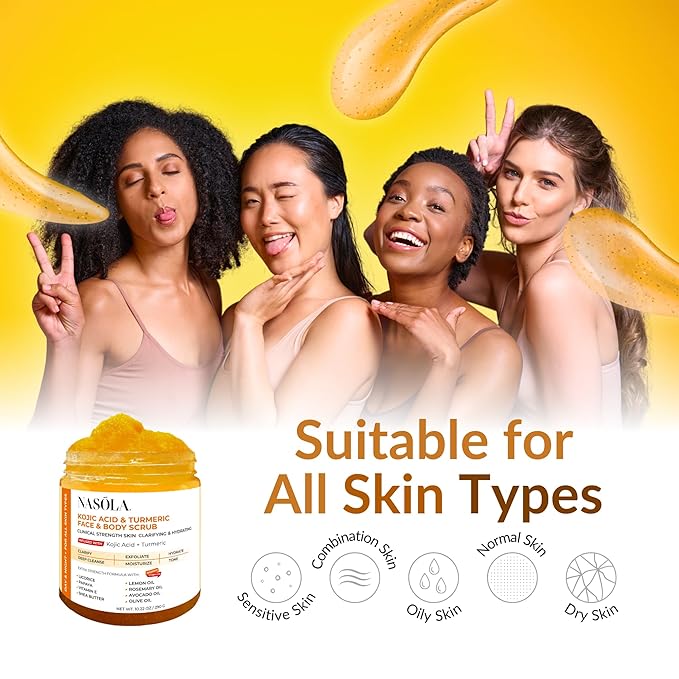 Nasola Kojic Acid Turmeric Face and Body Scrub - Moisturizing & Exfoliating Sugar Scrub with Shea Butter & Oils For All Skin Types - Removes Dead Skin for Hydrated Feel, Great Gifts For Women & Men