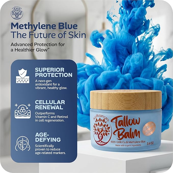 Copper Peptide GHk-Cu & Methylene Blue Infused Whipped Grass Fed Tallow Balm, Fine lines, Wrinkles, Eczema, Acne, Full body Moisturizer, For All Skin (3.4 oz)