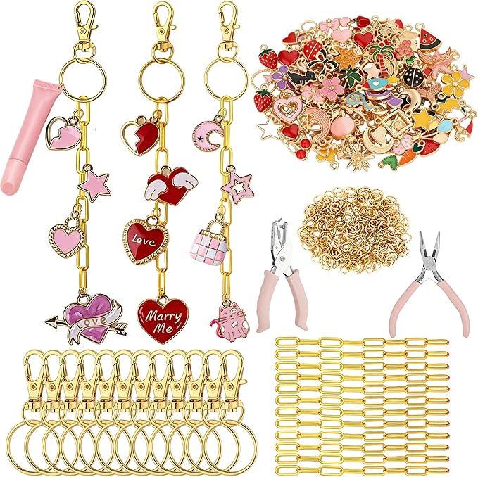 270Pcs Charms Lip Gloss Keychain Making Kit, DIY Craft Supplies with Charms, Key Chain Hooks, Jump Rings, Lobster Clasps, Chains & Tools, Jewelry Making Kit for Custom Keychains, Valentines Gifts