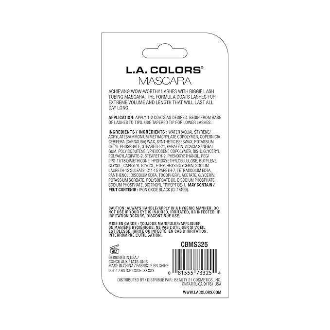 L.A. COLORS Biggie Lash Tubing Mascara, Black - Carded CBMS325