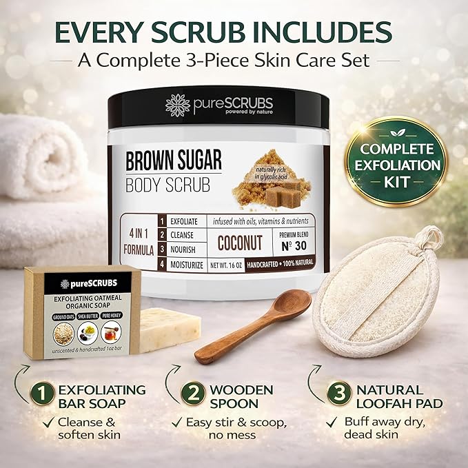 pureSCRUBS Premium Coconut Brown Sugar Scrub | Face, Feet & Full Body Scrub | Large 16oz Jar Includes Wooden Spoon, Loofah & Mini Exfoliating Bar Soap