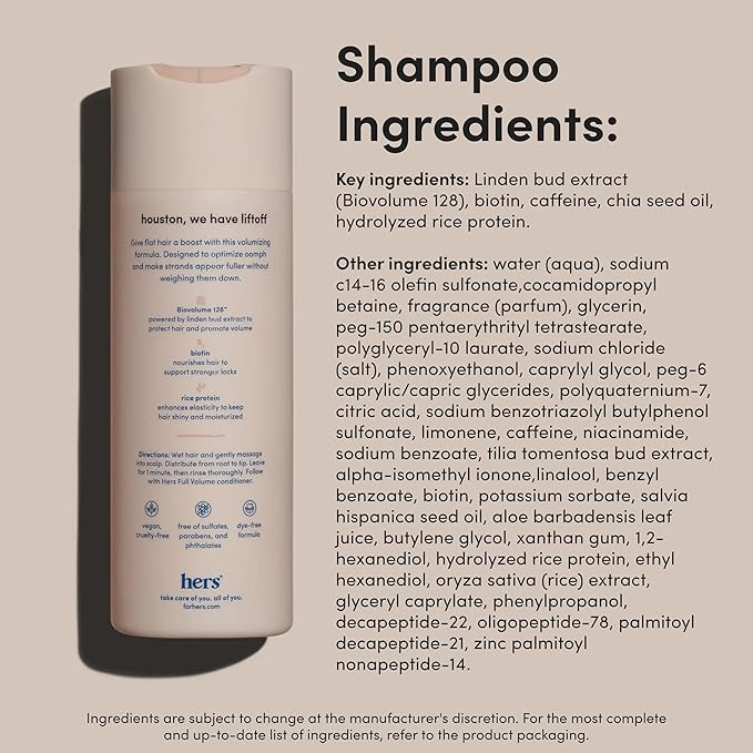 hers Full Volume Shampoo & Conditioner Set - Biovolume 128 & Biotin Formula - Volumizing, Shine-Boosting Hair Care - Paraben-Free - Coastal Cedar Citron Scent - 6.4 Fl Oz, 2 Count