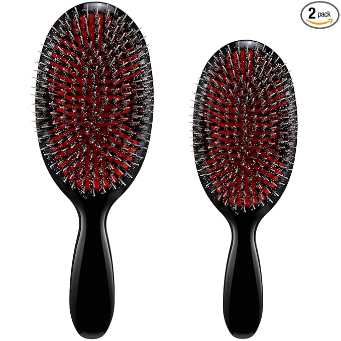 Geiserailie Hair Brushes, 2 Pieces Boar Bristle Hair Brushes with Nylon Quill, Natural Bristles Hair Extensions for Women, Men and Kids, Promotes Smooth and Healthy Hair Growth