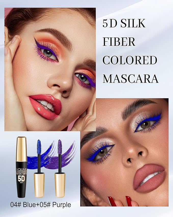 2PCS Blue Purple Waterproof Mascara for Eyelash, 5D Silk Fiber Liquid Lashes Extensions Colored Mascara with Eyelash Comb Brush, Long Lasting Volumizing and Length,Christmas Eye Makeup Gift for Women