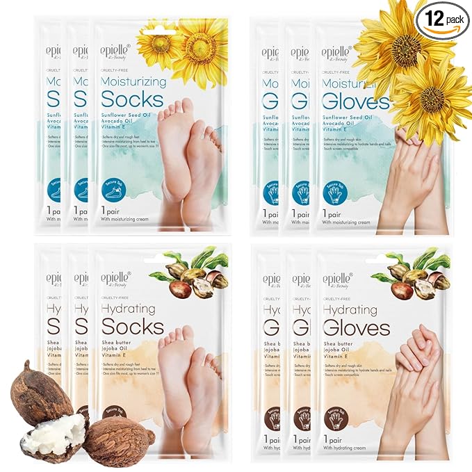 Epielle Hydrating & Moisturizing Hand & Foot Masks, Relieve and Soften Dry, Rough Skin, Self Care Gifts for Women, Spa Kit, Mothers Day Gifts, 6 Moisturizing Gloves & 6 Moisturizing Socks