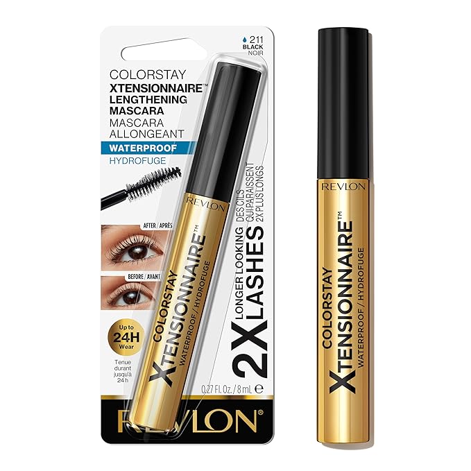 Revlon ColorStay Xtensionnaire Lengthening Lash Serum and Mascara In One, Tapered Brush for 2X Longer Looking Eyelashes, Infused with Pro Vitamin B5, Smudge-Proof, 211 Black Waterproof