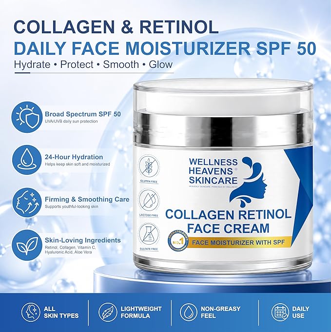 Anti-Aging Face Moisturizer for Face, Face Moisturizer with SPF, Collagen, Retinol, Hyaluronic Acid Cream, Age-Defying, Lift & Firm Cream, Sunscreen for Face, Lotion, Great for Dry, Aging Skin 1.7oz