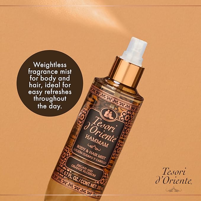Tesori d’Oriente Hammam Hair & Body Mist for Women & Men, 6.7 fl oz, Warm Floral Citrus Scent with Orange Blossom & Argan Extract, Refreshing, Layerable Fragrance for Skin & Hair