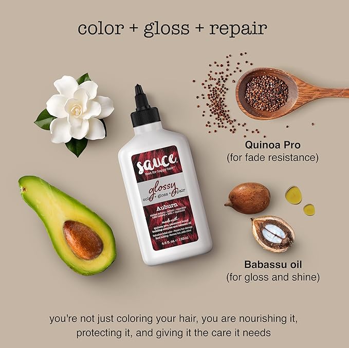 Sauce Beauty Glossy Color + Gloss + Repair, Auburn, Semi Permanent Hair Dye with Bond-Building and Color-Fade Protection Technology, Adds Shine & Deep Moisture, Lasts 4-8 Weeks, Stops Fade