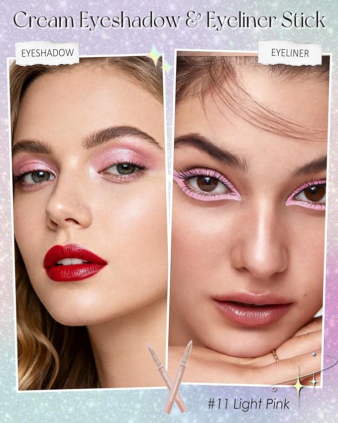 Glitter Eyeshadow & Eyeliner Stick 2 in 1, Metallic Shimmer Eyeshadow Stick, Twist-Up Built in a Sharpener Light Pink Eyeliner Pen, Waterproof Creamy Eye liner Makeup for Women Christmas-11 Light Pink