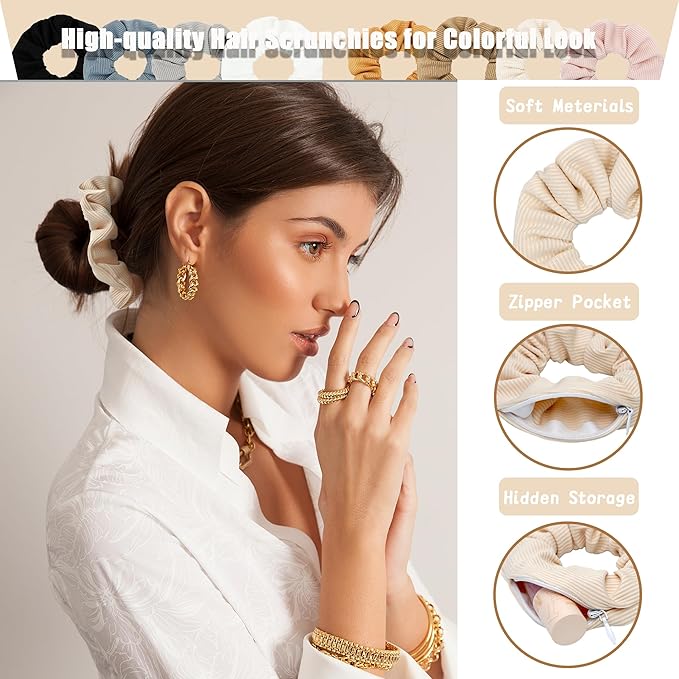 12 Pcs Scrunchies with Zipper Pocket for Women, Elastic Hair Tie with Hidden Storage, Secret Compartment for Small Items Cash, Keys, Lipstick, Bulk Colorful Scrunchie for Girls