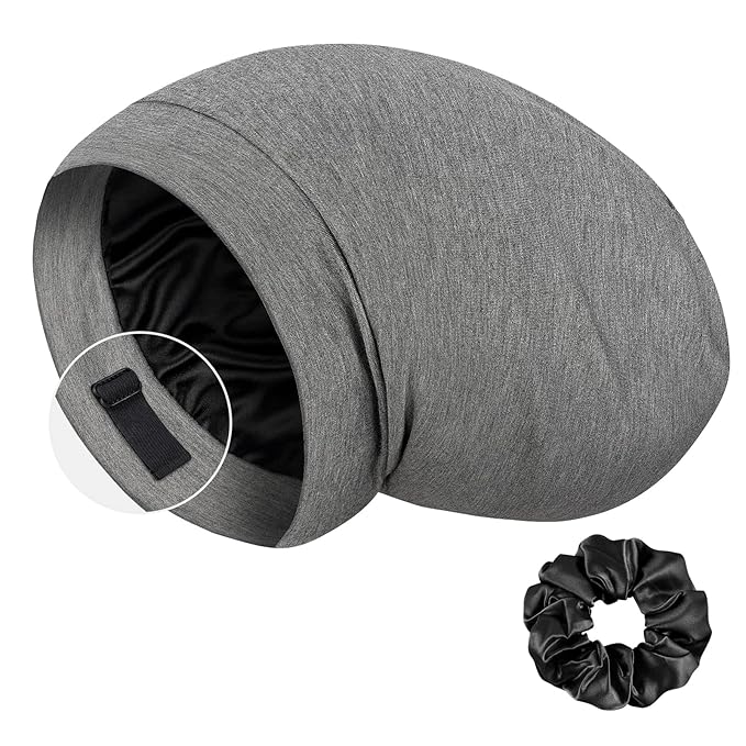 LULUSILK Mulberry Silk Bonnet for Sleeping Women, Real Silk Sleep Cap for Curly Hair and Braids, Pure Head Wrap with Scrunchies, Grey