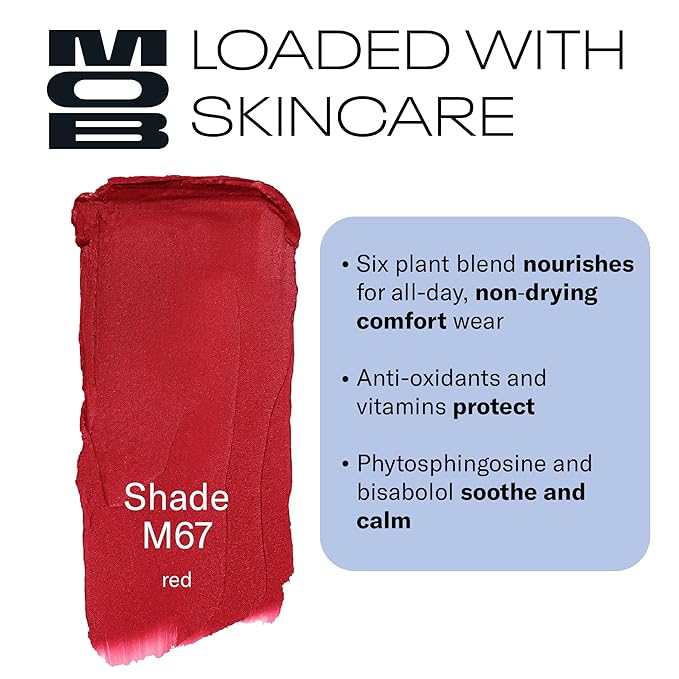 MOB Beauty Soft Matte Lipstick, M67 Red, Long Lasting, Weightless Blurring Lip Color Infused with Skincare, Vegan, Silicone-Free, Cruelty Free