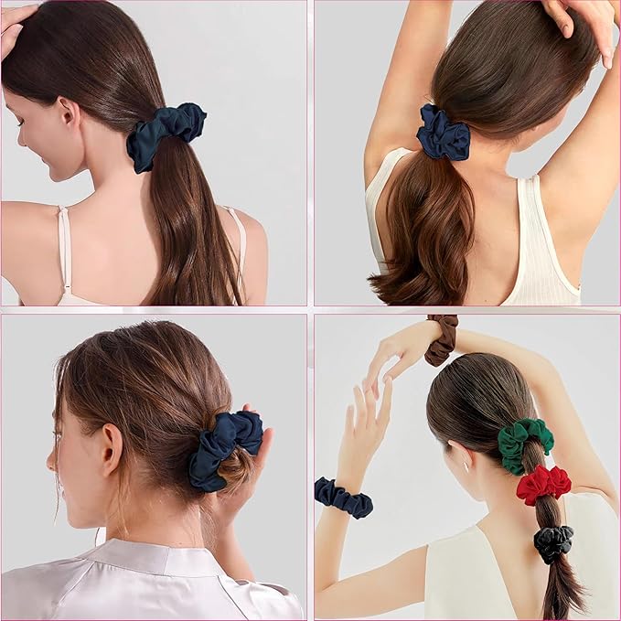 SALE!! Mulberry Silk Scrunchies and Hair Ties - 16 Momme, 100% Pure Silk, for Women and Girls with Curly, Thick or Thin Hair - Black Satin Sleep (1, 09 navy)