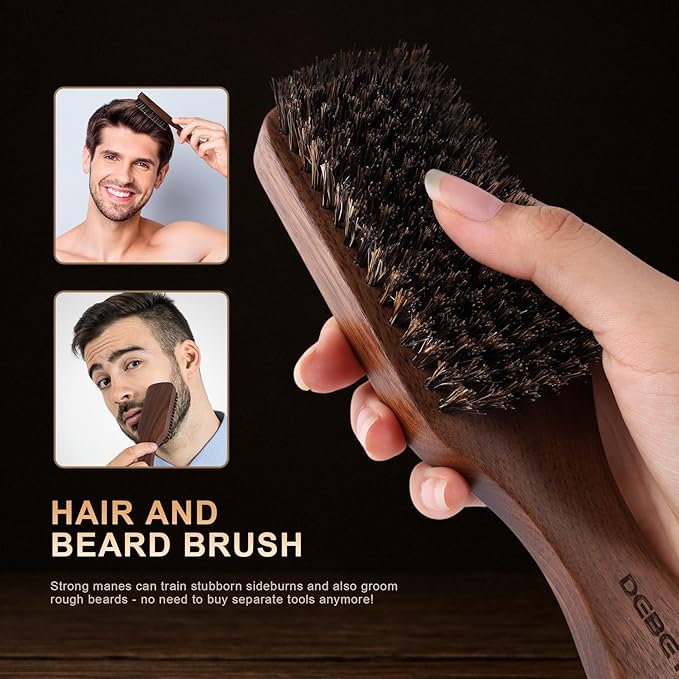 DEBETOOL Natural Walnut Wood Mens Hair Brush - Stiff Boar Bristle Men's Hair Brush for Thin Hair Detangling, Beard Straightens