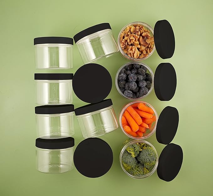 Healthy Packers® Small Plastic Jars with Lids 4 oz, 12-Pack - Clear Plastic Jars with Screw-On Tops for Slime, Crafts, Body Butter, Sugar Scrubs, Cosmetic Storage, Small Containers with Lids (Black)