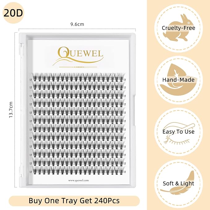 QUEWEL Cluster Lashes 240Pcs Individual Lash 20D 0.07C Curl 13mm Knot-Free Lash Extensions Clusters Lashes Soft&Natural False Eyelashes Individual DIY Eyelash Extension at Home(20D 0.07C 13)