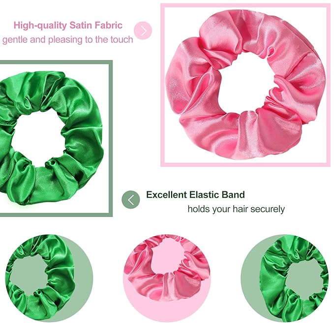 Silk Scrunchies for Women Girls 12 PCS Pink&Green Hair Scrunchies Silk Satin Hair Ties for Thick Hair Bulk Hair Ties Hair Accessories