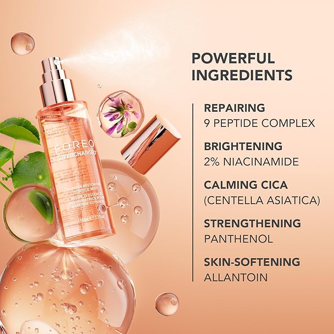 FOREO SUPERCHARGED Barrier Restoring Essence Mist, 3.7 fl oz - Collagen Boosting Spray Moisturiser - Collagen Peptides, Niacinamide, Centella Asiatica, Panthenol - Face Mist For All Skin Types