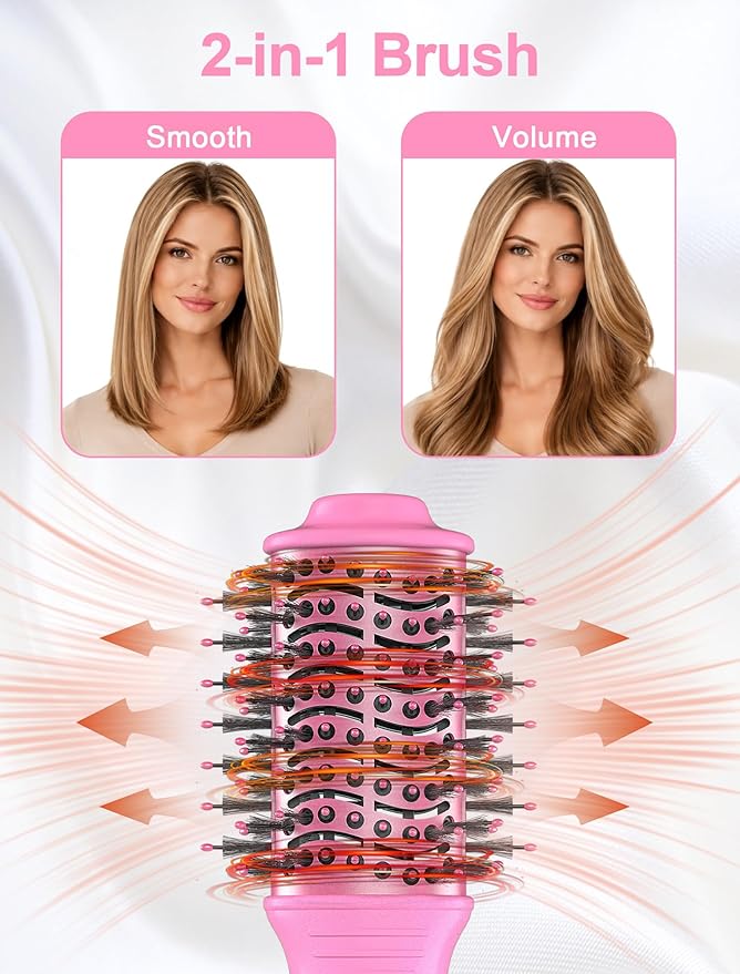 Mini Travel Blow Dryer Brush for Short to Medium Hair, 2 Inch Oval Hot Air Brush with Ceramic Coating, 3 Heat Settings for Smooth, Voluminous Blowouts, 120V (Pink)