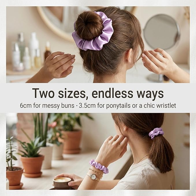 ZLYC 100% Mulberry Silk Hair Tie Scrunchie 19 Momme Gentle Creaseless Dent-Free Ponytail Holder for Women, 6cm Solid Light Purple
