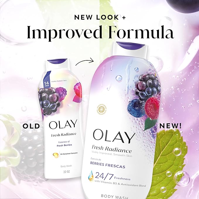 Olay Body Wash for Women, Fresh Radiance, 24/7 Skin-Loving Freshness, Visibly Radiant, Plant Based Cleansers, Vitamin B3 & Antioxidant Blend, For All Skin Types, Berries Frescas Scent, 22 fl oz