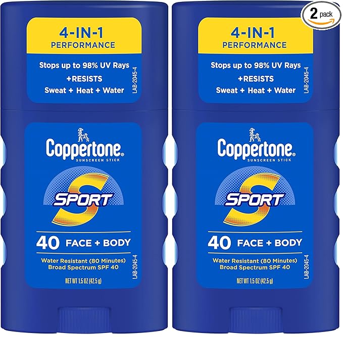 Coppertone Sport Sunscreen Stick SPF 40, Stick Sunscreen for Face and Body, Water Resistant, Travel Size, 1.5 Ounce (Pack of 2)