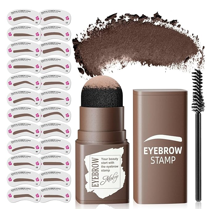 Eyebrow Stamp Stencil Kit - Long-Lasting Eyebrow Powder with Brush, Waterproof & Smudge-Proof Brow Shaping Kit with 24 Reusable Thin & Thick Eyebrow Stencils for Voluminous Brow (Dark Brown)