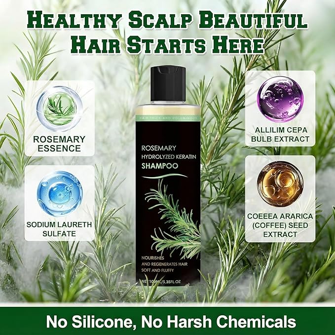 Rosemary Hair Growth Shampoo, Rosemary Hydrolyzed Keratin Shampoo for Thinning Hair – Strengthening & Volumizing Formula – Promotes Thicker Hair for Men & Women – Repairs Damaged – 100ml