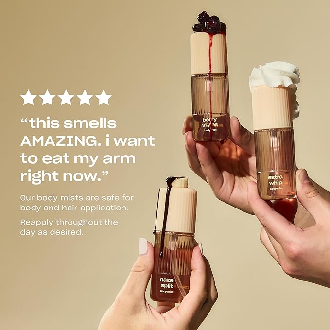 Snif Gourmand Body Mist Set with Vanity Pouch – Extra Whip, Berry Styles & Hazel Split | Hair & Body Fragrance Variety Pack | Vanilla, Berry & Chocolate Hazelnut | Clean Vegan | 2.5oz (3 Pack)