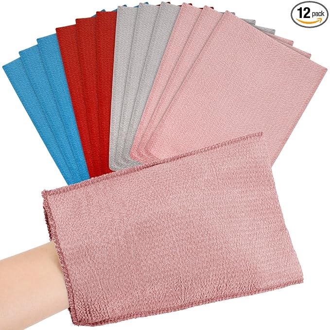 Tatuo 12 Pieces Korean Exfoliating Mitt Glove Italy Towel Body Skin Scrubber Exfoliating Scrubber for Remove Dead Skin Washcloth Korean(Small,Pink, Brick Red, Gray, Blue)
