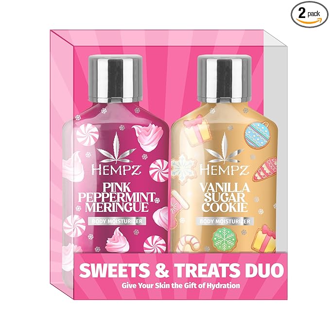 Hempz Holiday Mini Lotion Gift Set, Pink Peppermint & Frosted Vanilla Sugar Cookie Moisturizer, Sweets & Treats Duo, 2.25 oz
