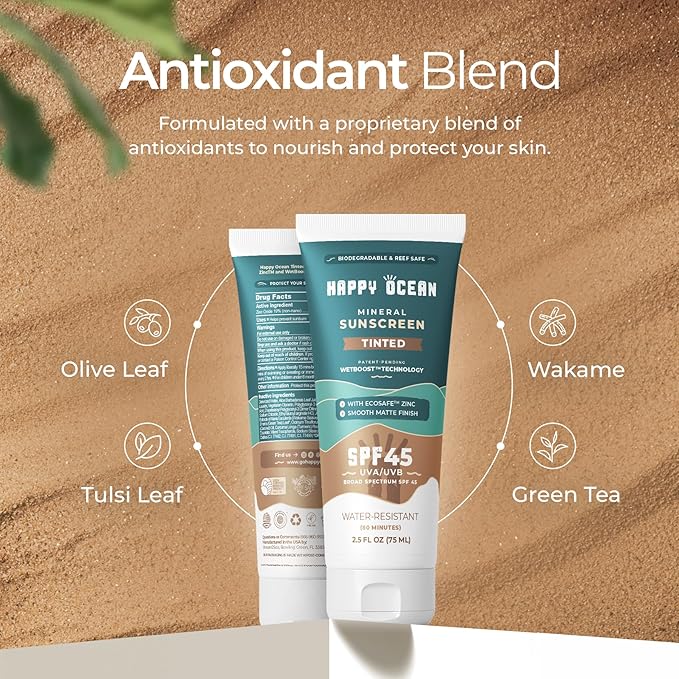 Happy Ocean Tinted Mineral Sunscreen SPF 45 – Reef Safe Zinc Oxide Face Sunscreen, Biodegradable, Natural Tint, Water Resistant, Travel Size 2.5 oz