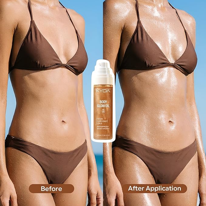 KYDA Travel Size Sunscreen, SPF 45 Body Glow Oil with Sequin Mica, Lightweight Moisturizing Coconuts Sunscreen SPF Glow Oil, Sun-kissed Shimmer Body Lotion, Water Resistant, 3.38 fl oz, AMBER