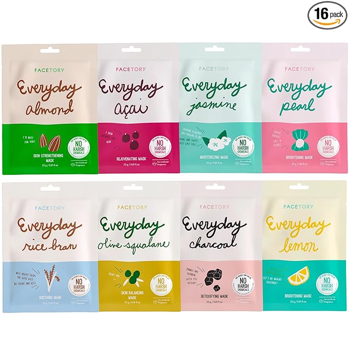 FACETORY K Beauty Face Mask Skin Care - EVERYDAY 8 COLLECTION Sheet Mask Set (16 pc) | Natural Premium Korean Face Mask For All Skin Types - No Sulfates No Parabens