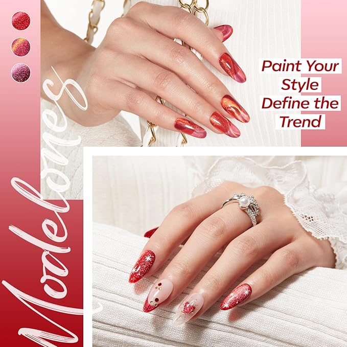 modelones Cat Eye Gel Nail Polish, 6 Colors Red Glitter Burgundy Ruby Sparkle Shimmer Gel Polish Set with Magnet Nail Gel Polish Kit Soak Off Led Nail Art Manicure Salon DIY Gifts