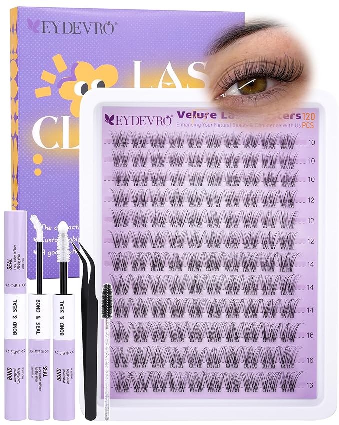 EYDEVRO Velure Lash Clusters Kit Natural Eyelash Clusters Kit Wispy Cluster Eyelash Extensions 120 Pcs 10-16mm C Curl Cluster Lashes Clear Band Individual Lashes White Lash Bond Seal Tweezers Brush