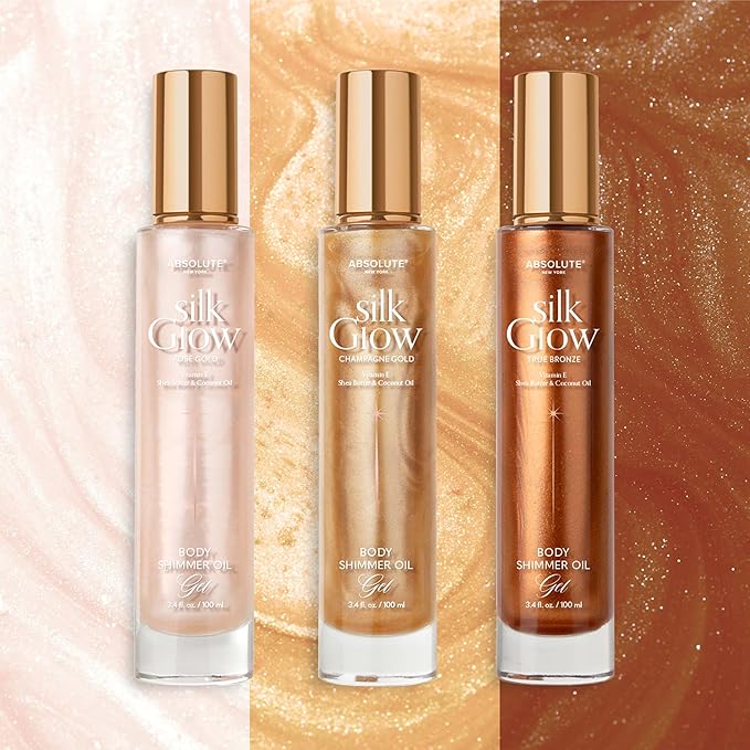 Absolute New York - Silk Glow Shimmer Mist Glow, Radiant, Shimmer Body & Face & Hair, Shea Butter, Coconut Oil, Vitamin E (SBGS06 True Bronze Oil Gel, 3.4 fl oz)