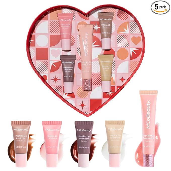 MCoBeauty Peptide Lip Treatment Gift Set - 5 Piece Plumping Balm Gloss Tint Kit - Hydrating Cream Oil Plumper Volumizer with Shea Butter & Peptides for Dry Lips - Vegan & Cruelty Free