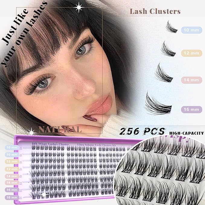 Wispy Lash Clusters Kit, Natural Lash Cluster Eyelash Extensions 256 Pcs C Curl 10-16mm Individual Fluffy False Eyelashes Thin Band DIY Kit for Beginners at Home