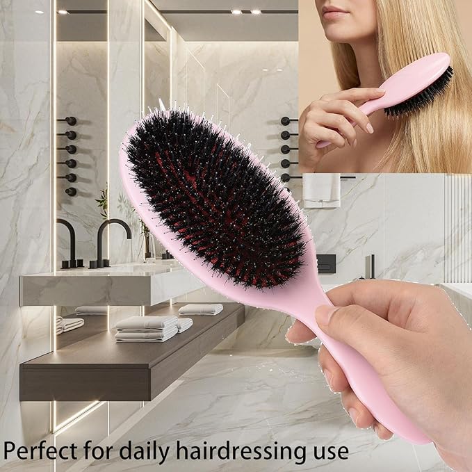 Boar Bristle Detangling Paddle Hair Brush for Curly Fine Wavy Hair, Anti-frizz Painless Detangler Brush Boar Nylon Mixed Bristle Styling Hairbrush for Women Men, Less Pulling and Hair Breakage