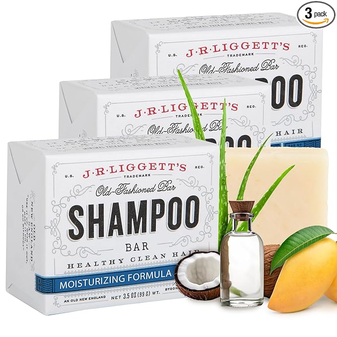 J.R.LIGGETT'S Shampoo Bar - Moisturizing Formula, All Natural Solid Bar Shampoo with Coconut Oil & Aloe Vera, Sulfate Free, Detergent Free, Restores Softness, Protect Against Breakage, 3.5 oz - 3 Pack
